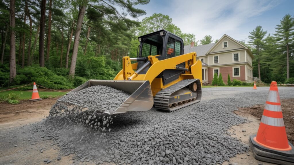 Yellow track loader spreading gray gravel on a residential driveway construction area with safety cones and a beige house in the background