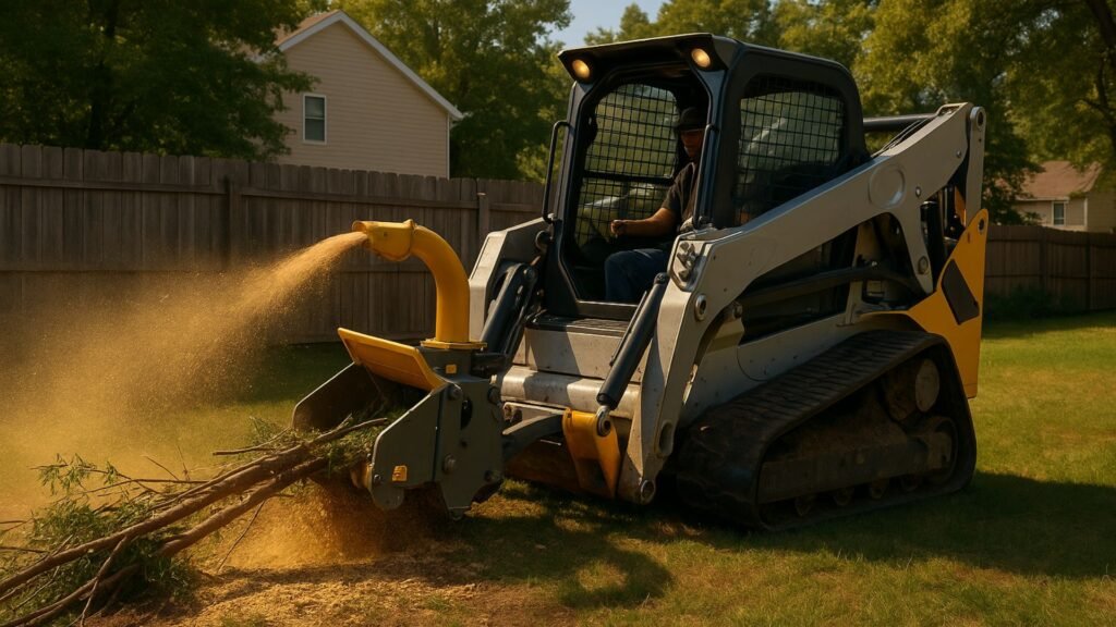 Silver track loader with chipper processing tree branches into mulch