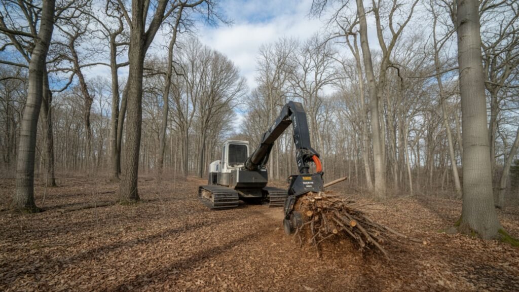 Tracked forestry machine using a grapple attachment to move brush and branches in a leaf-covered woodland