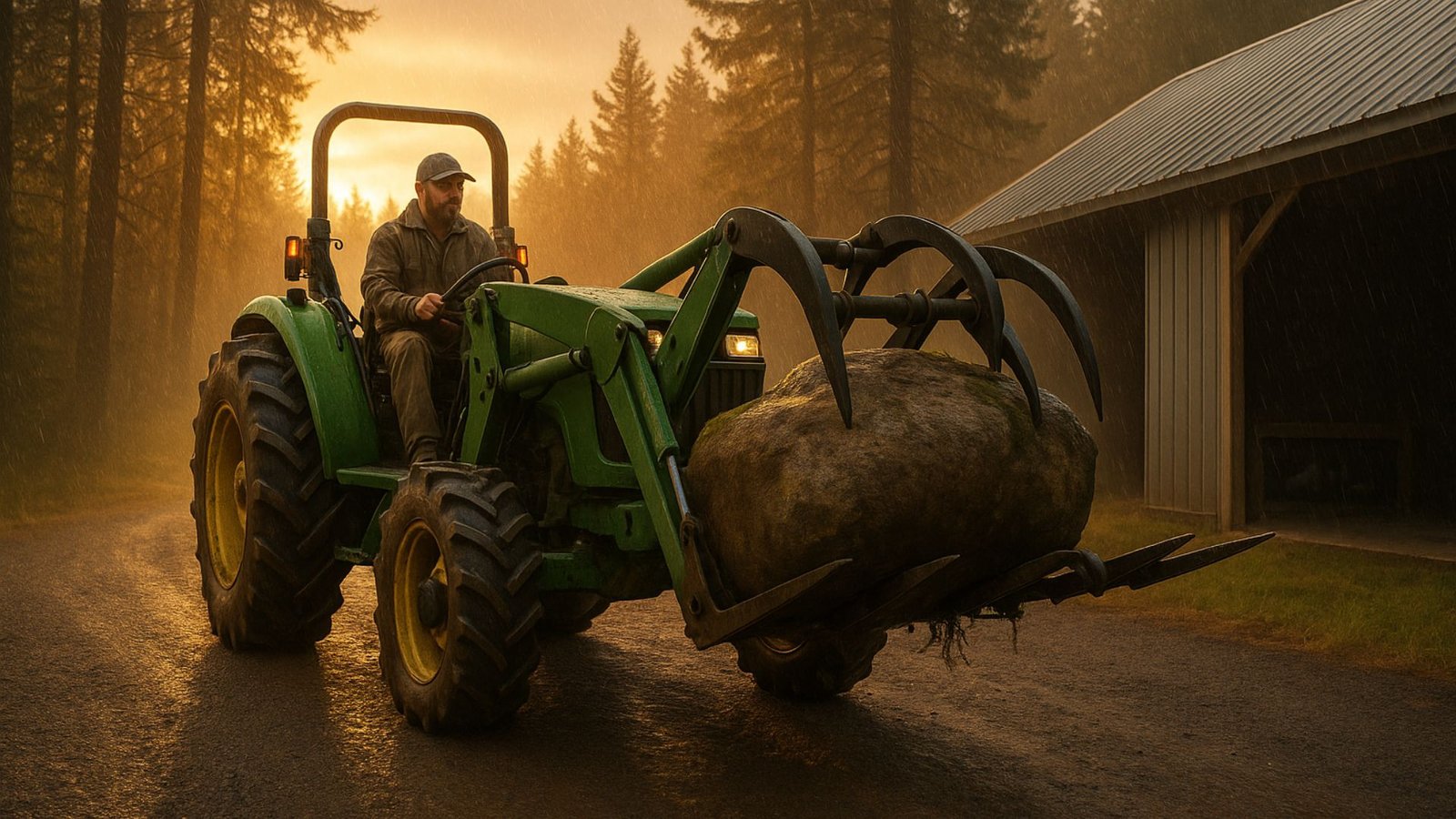 Green tractor with grapple loader lifting a large boulder on a wet gravel driveway near a barn during golden hour rain in a forested rural area.