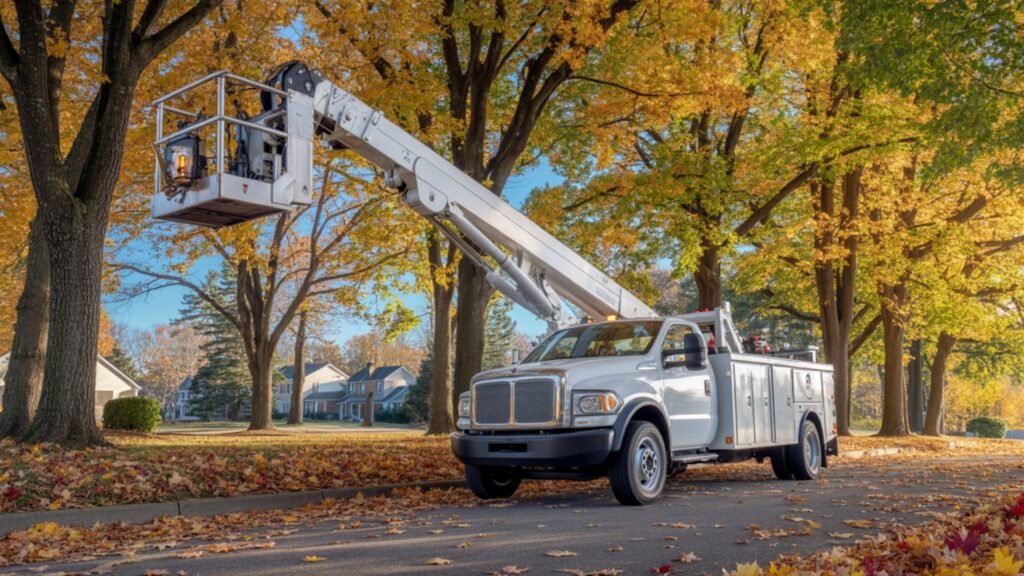 Professional tree removal boom truck in Connecticut residential area with autumn trees and blue sky