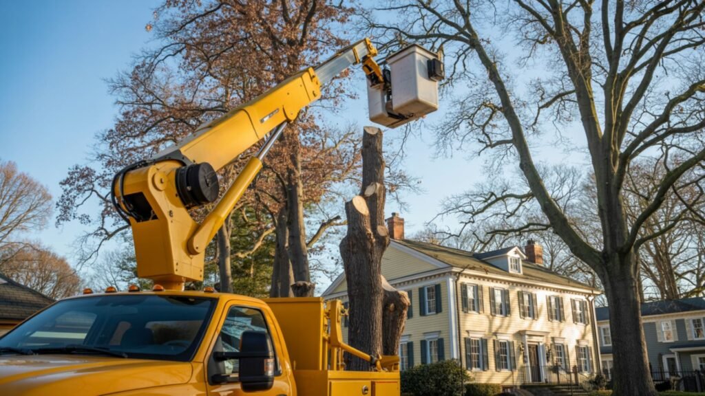 Yellow bucket truck with extended boom for tree removal near sugar maples and cream colonial house