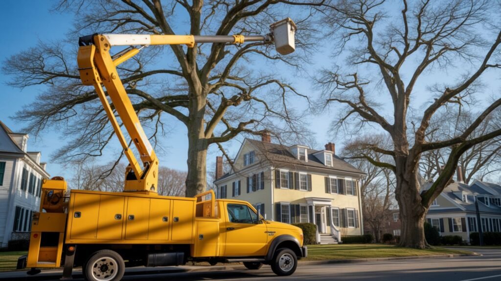 Yellow bucket truck with articulated boom extended toward tall leafless elm trees in a suburban neighborhood