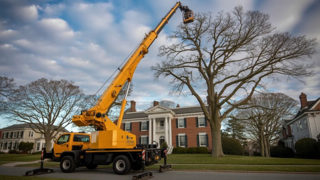 Yellow crane with extended telescoping arm lifting a worker toward tall oak trees in front of a brick colonial home