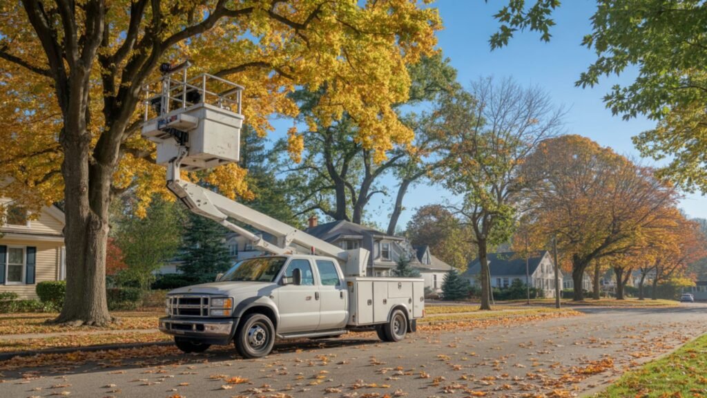 Tree service boom truck positioned next to oak trees for professional tree removal in Connecticut suburb