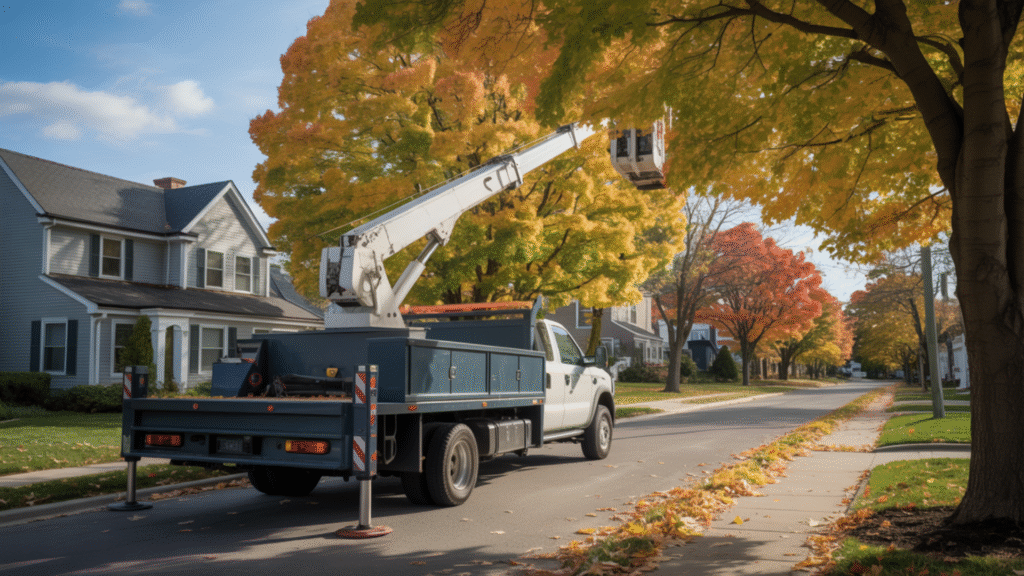 Tree service truck with boom crane on Connecticut residential street lined with mature maple trees