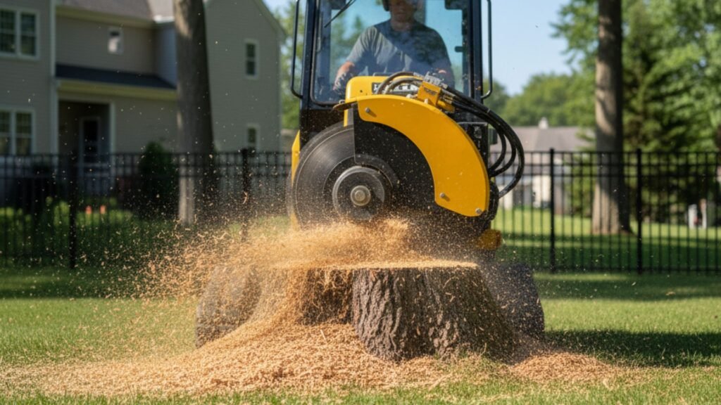 Orange stump grinder creating wood chips while removing oak stump in Connecticut