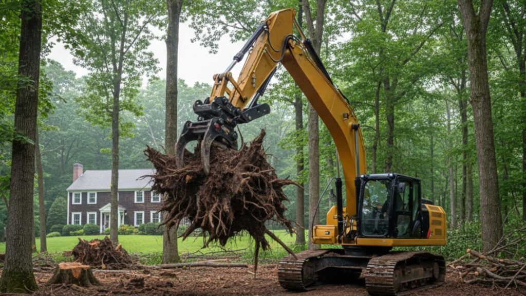Excavator removing tree stumps and clearing land in wooded Connecticut residential area