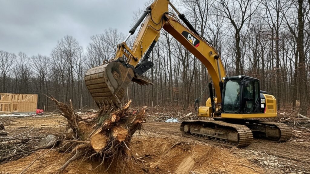 Professional CAT excavator removing tree stumps from residential property in Monroe CT