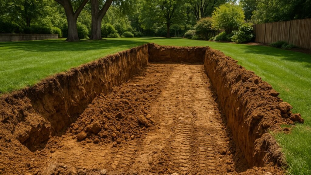 Fresh excavation trench showing soil layers in Connecticut residential yard with equipment tracks