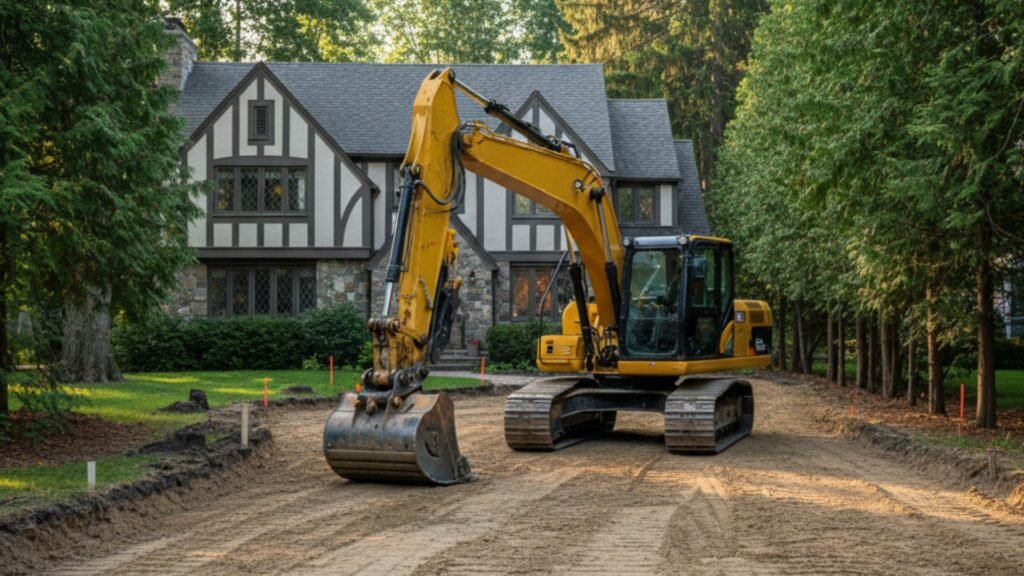 Track excavator performing driveway grading work in front of Tudor Revival home Woodbridge CT
