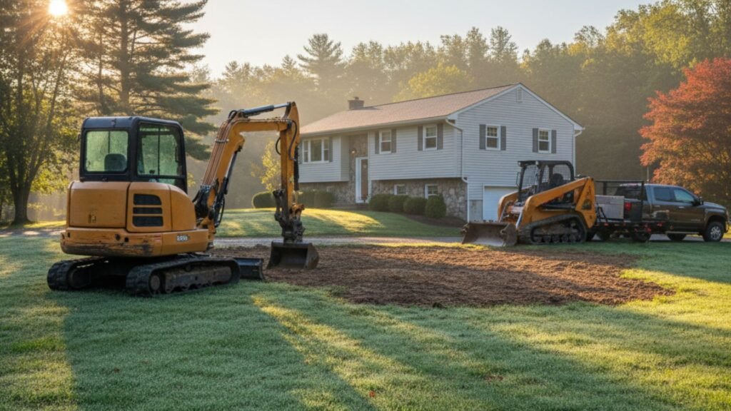Early morning excavation equipment setup at ranch home Bridgewater Connecticut