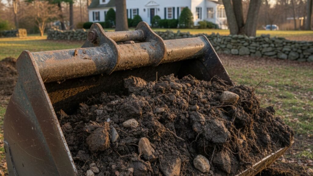Excavator bucket full of soil at Colonial home excavation site in Woodbury CT