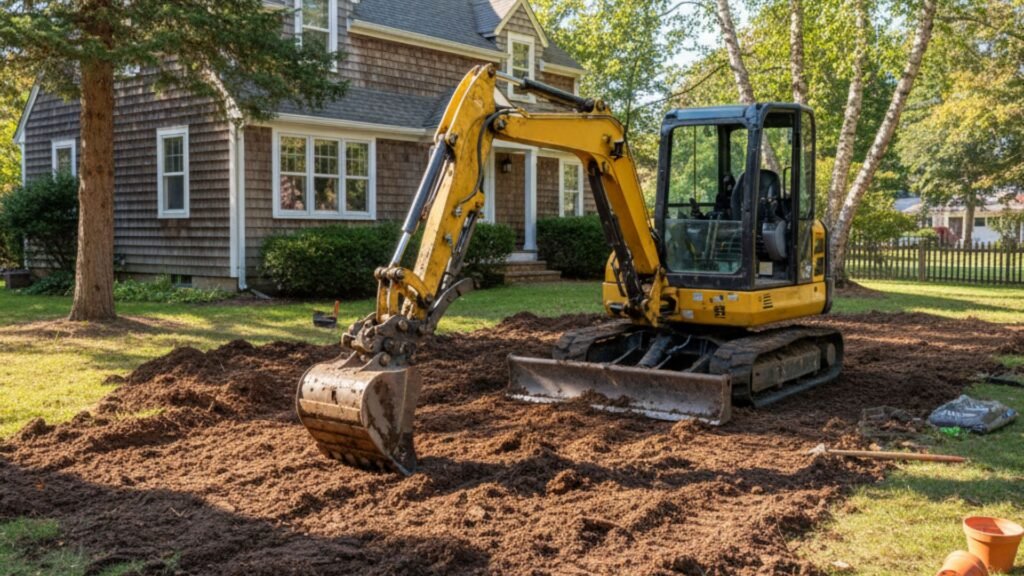 Mini excavator creating garden beds at Cape Cod home in Seymour Connecticut