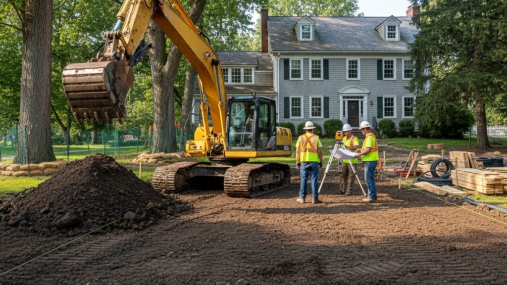 Track excavator preparing building site for home addition at Colonial Revival house in Ansonia CT
