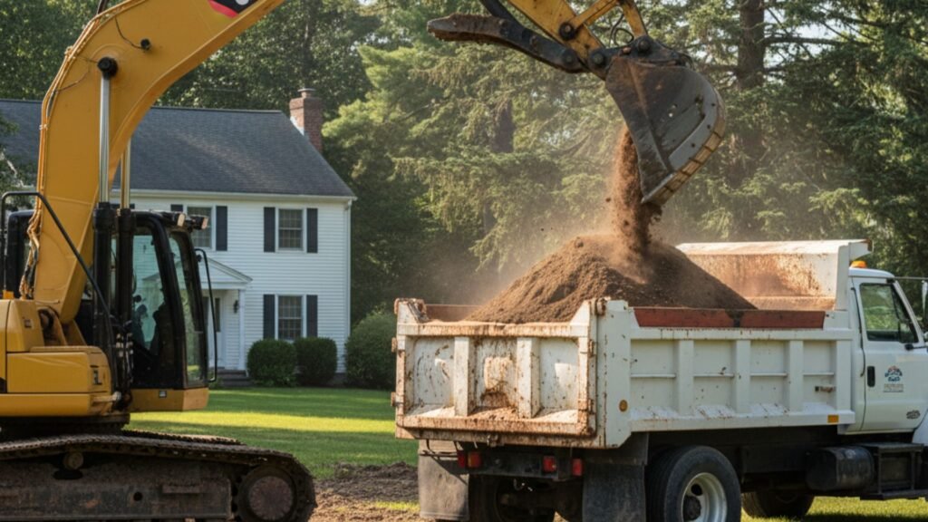Excavator loading dump truck with Connecticut soil in residential Watertown neighborhood