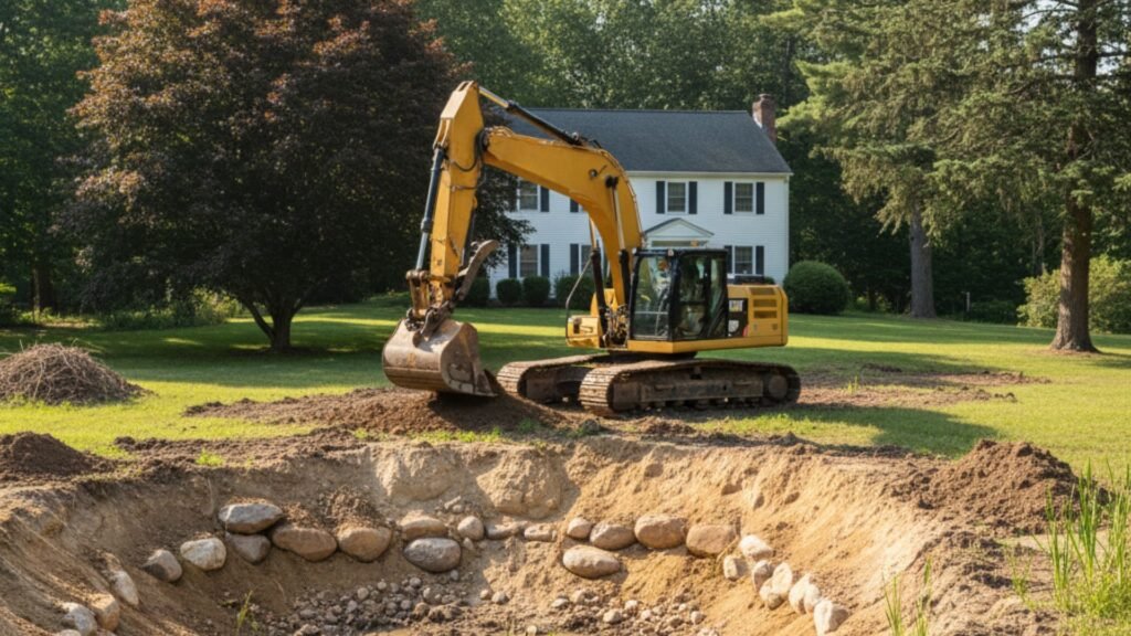 Retention pond excavation with water seepage near Colonial house in Watertown CT with maples