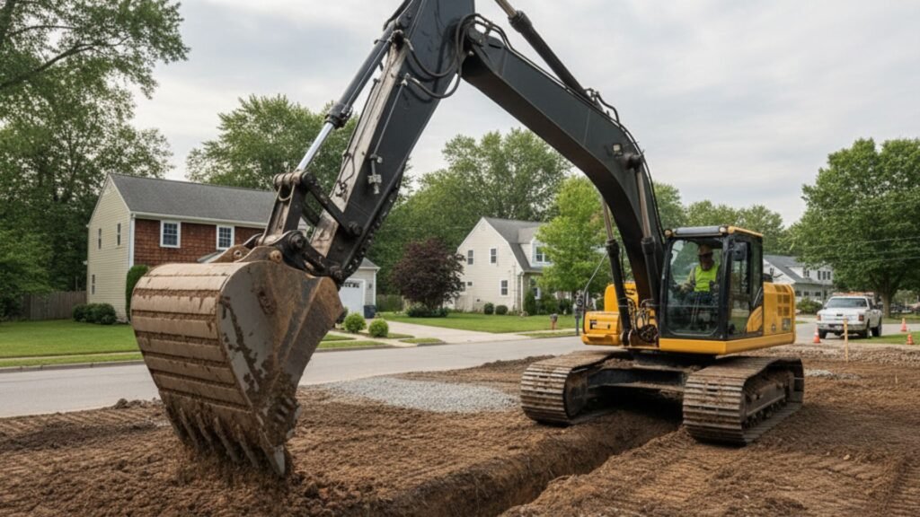 Precision excavator installing utility lines on Naugatuck Connecticut suburban street