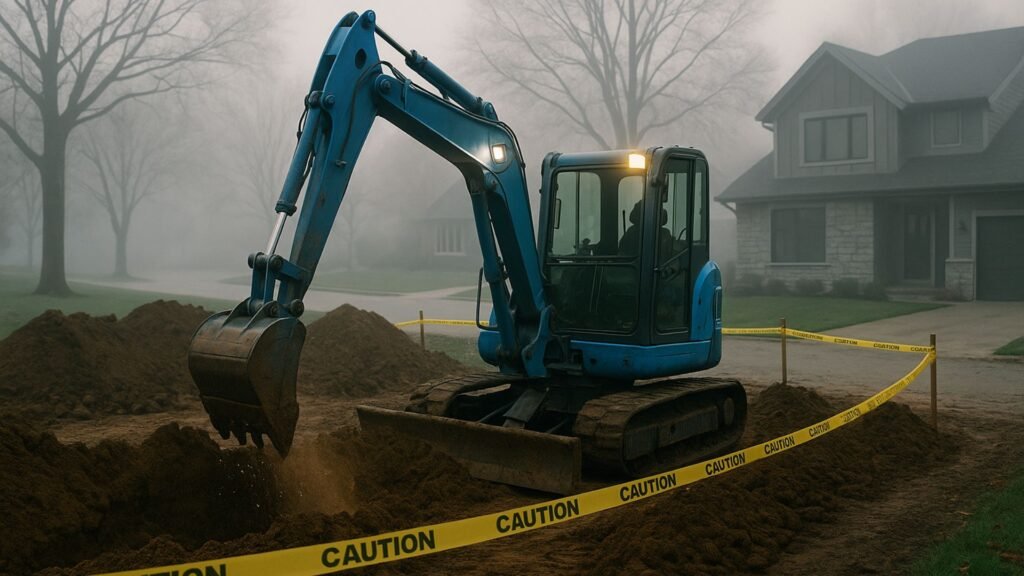 Blue mini excavator digging trench with caution tape barrier and contemporary house nearby