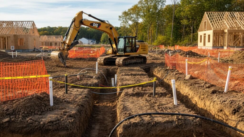 Excavator installing underground utilities with multiple trenches at development site