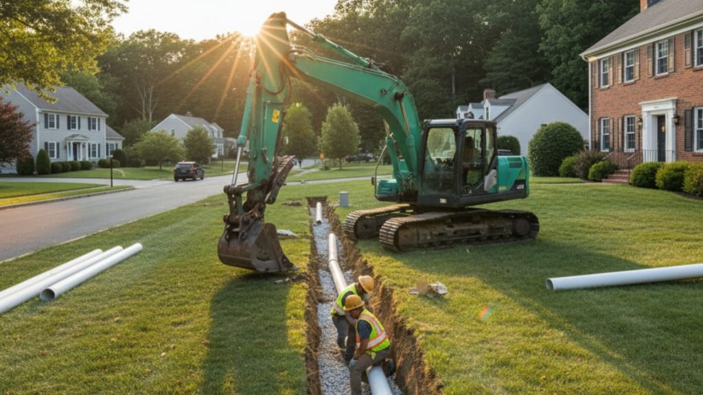 Green excavator digging utility line trench with pipes in Connecticut residential neighborhood