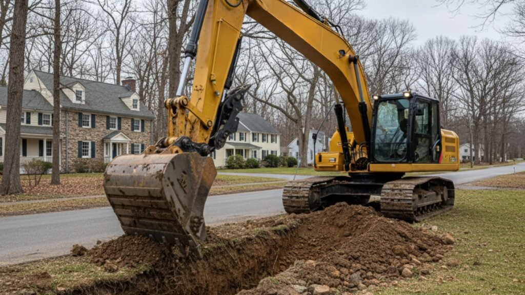 Excavator digging utility trench for residential services in Roxbury CT neighborhood