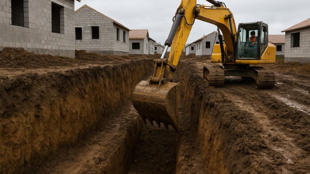 Deep trench with vertical walls being excavated by yellow machinery at residential site