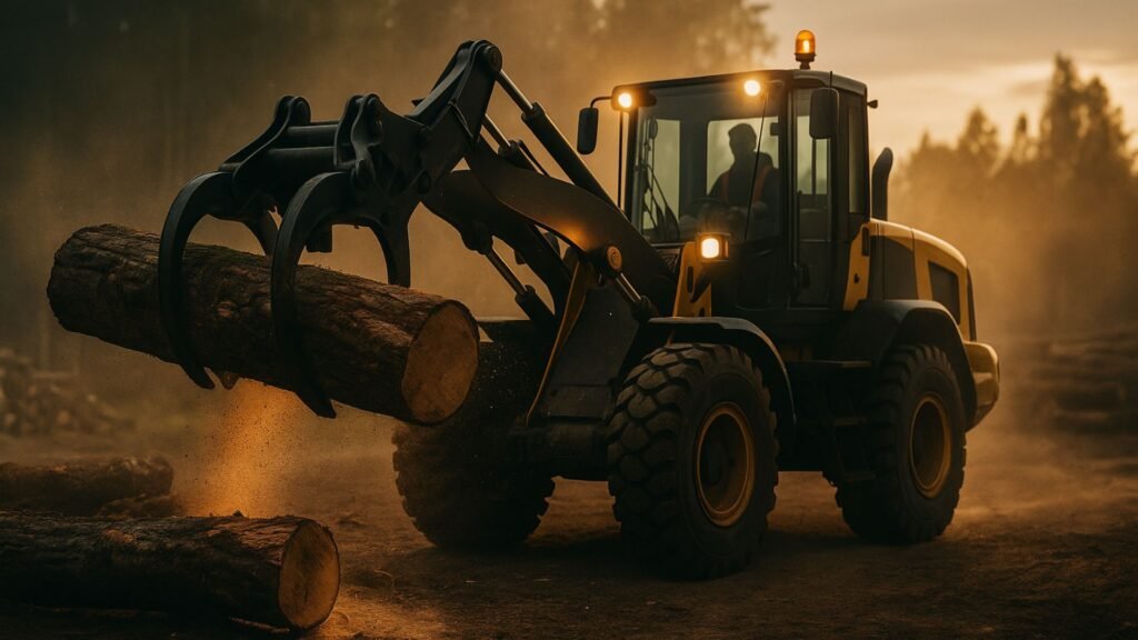 Black and yellow wheeled loader with forks moving hardwood logs