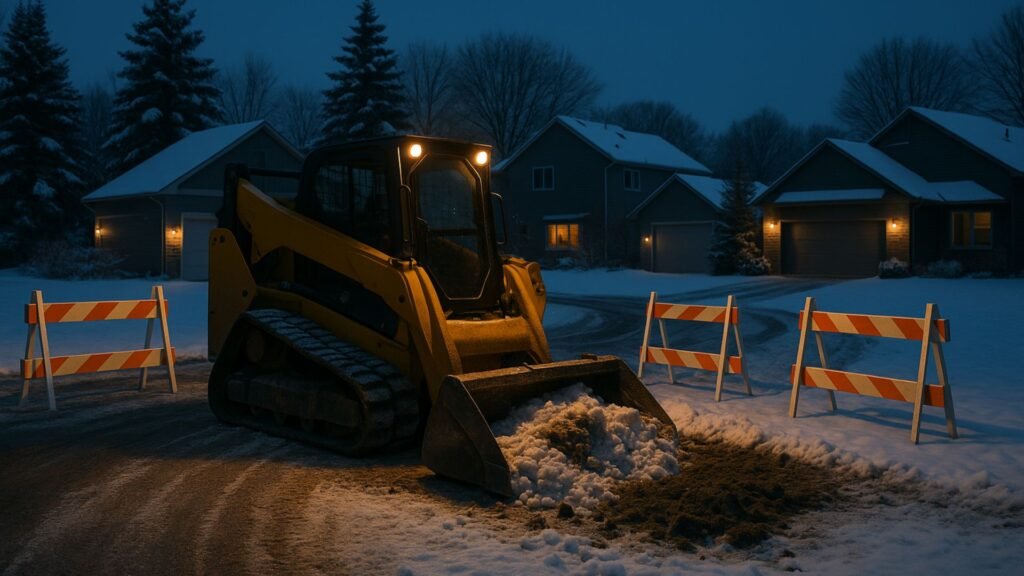 Yellow track loader clearing snow in cul-de-sac with orange barricades and winter houses