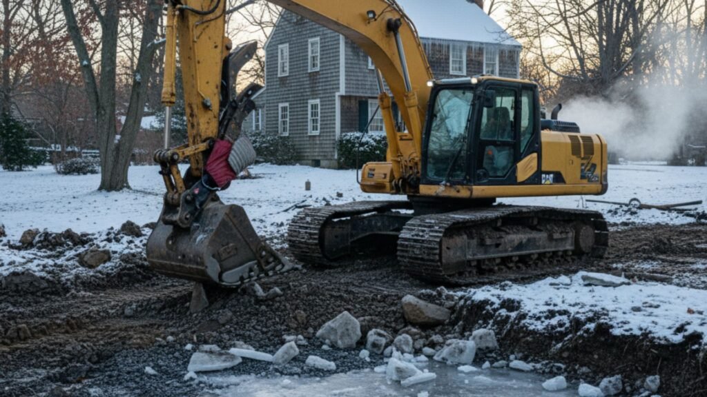 Winter excavation work near saltbox house with snow and icicles in Newtown Connecticut