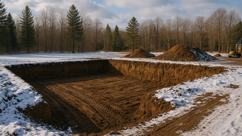 Foundation excavation site in winter with snow patches and frozen ground conditions