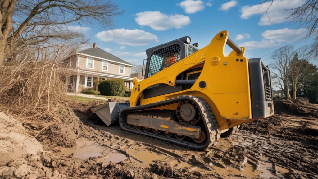 Compact track loader performing yard drainage work at Connecticut residence