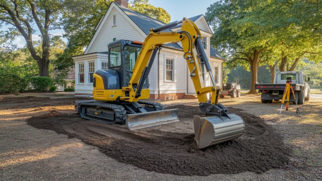 Mini excavator performing yard grading around white Cape Cod home in Connecticut residential area