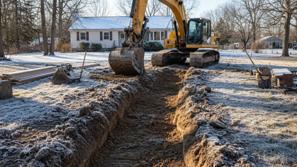 Tracked excavator working in winter conditions at Traditional home in Seymour CT