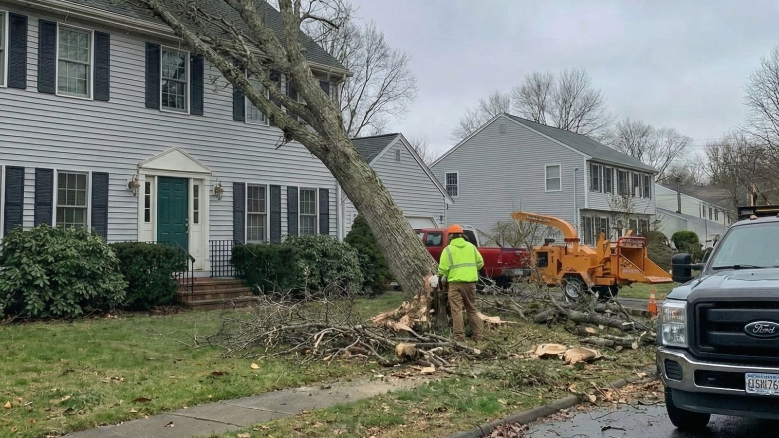Tree removal crew cutting and clearing a fallen tree from a residential yard