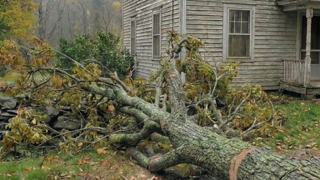 Fallen tree removed from yard beside residential home after storm damage