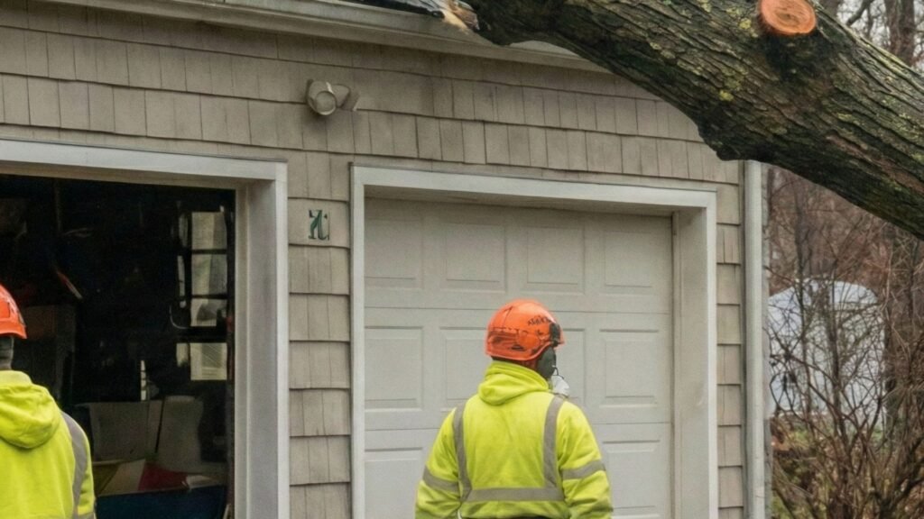 Storm damaged tree resting on garage roof during removal