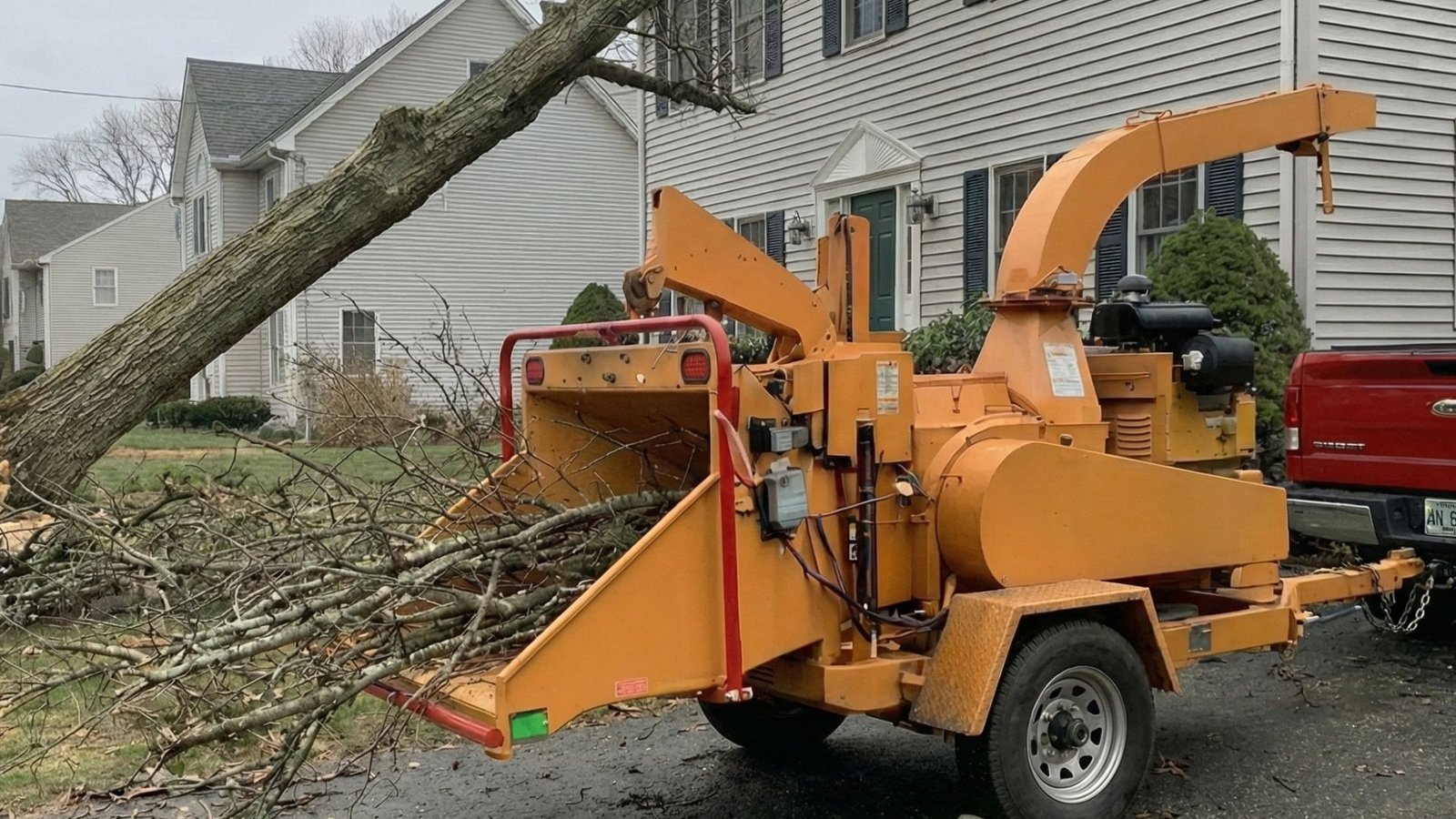 Tree service crew feeding storm debris into a wood chipper at a residential property