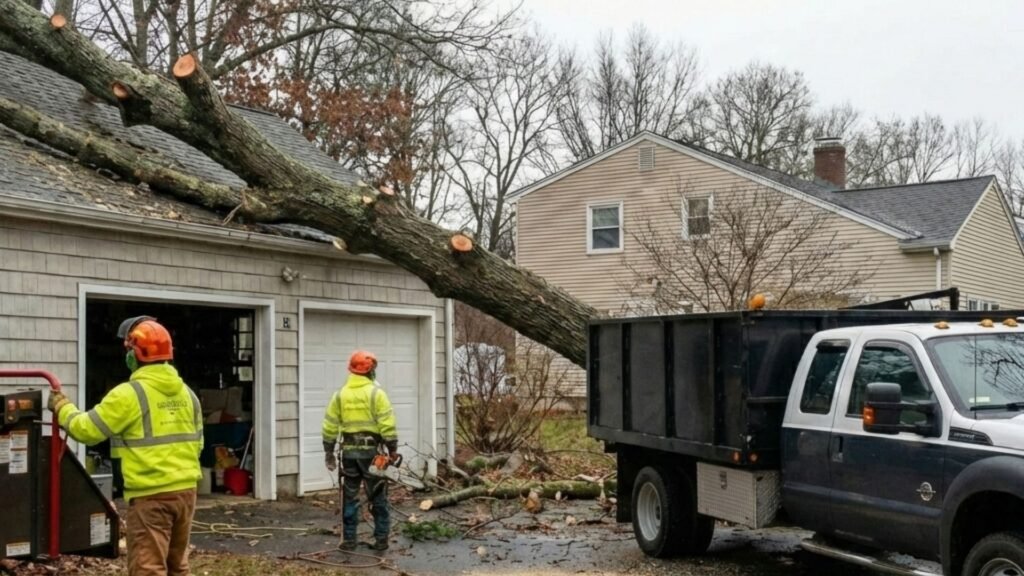 Crew removing fallen tree from garage roof at residential property