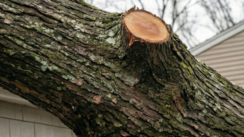 Freshly cut storm damaged tree limb over residential roof