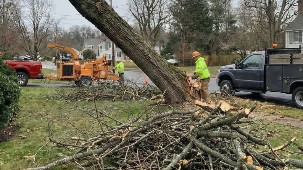 Tree service crew cutting and removing a fallen tree with debris piled on a residential lawn