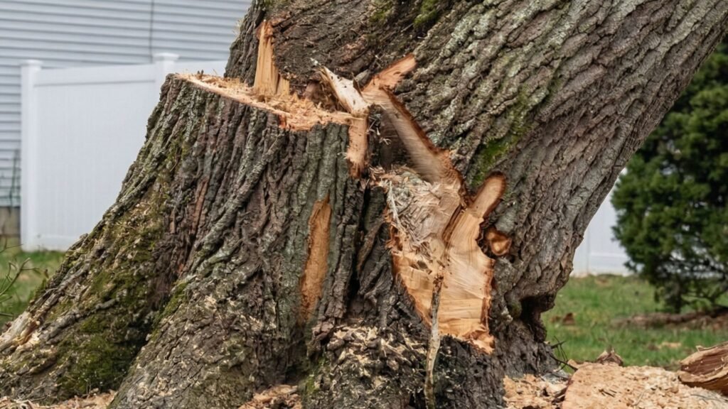 Close up of cracked tree trunk after emergency tree removal at residential property