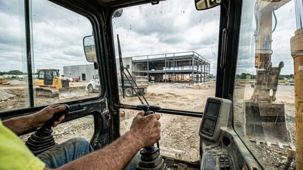 Excavator operator view of a commercial construction site