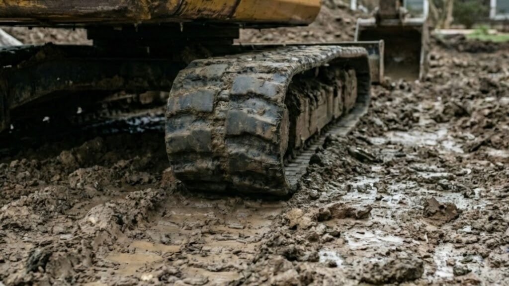 Tracked excavator working in muddy soil during residential drainage installation