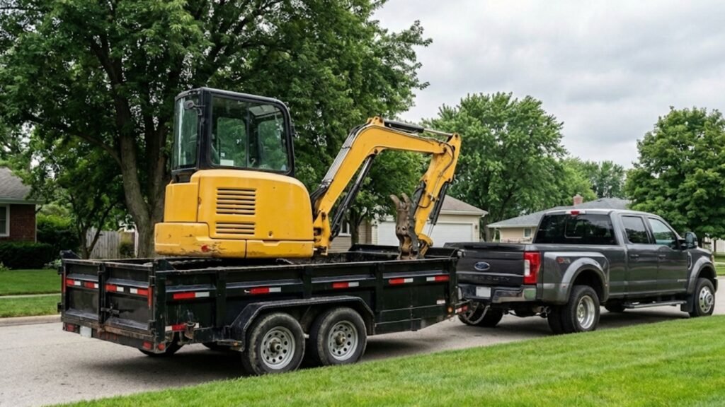 Compact excavator transported on a trailer to a residential jobsite