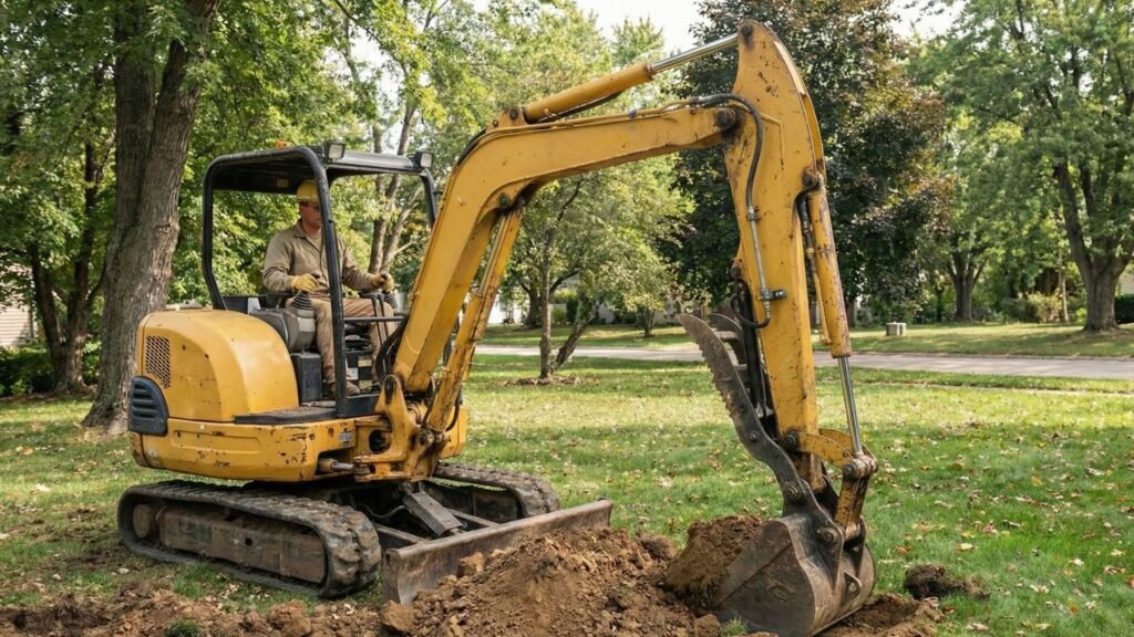Mini excavator performing residential digging and trenching work on lawn