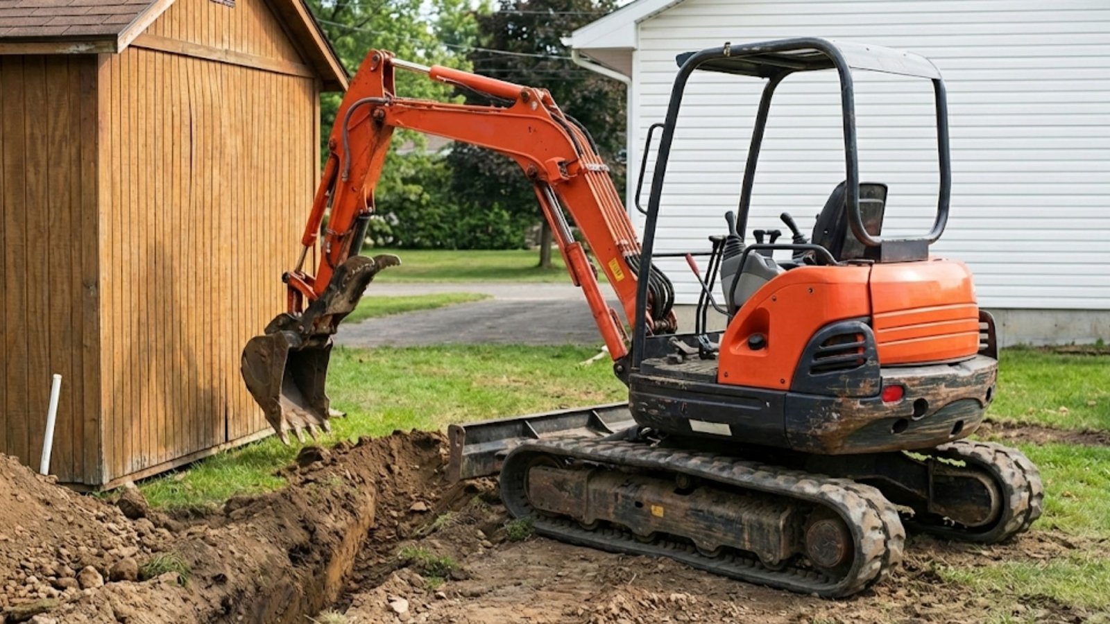 Mini excavator trenching beside a residential structure for professional excavation work