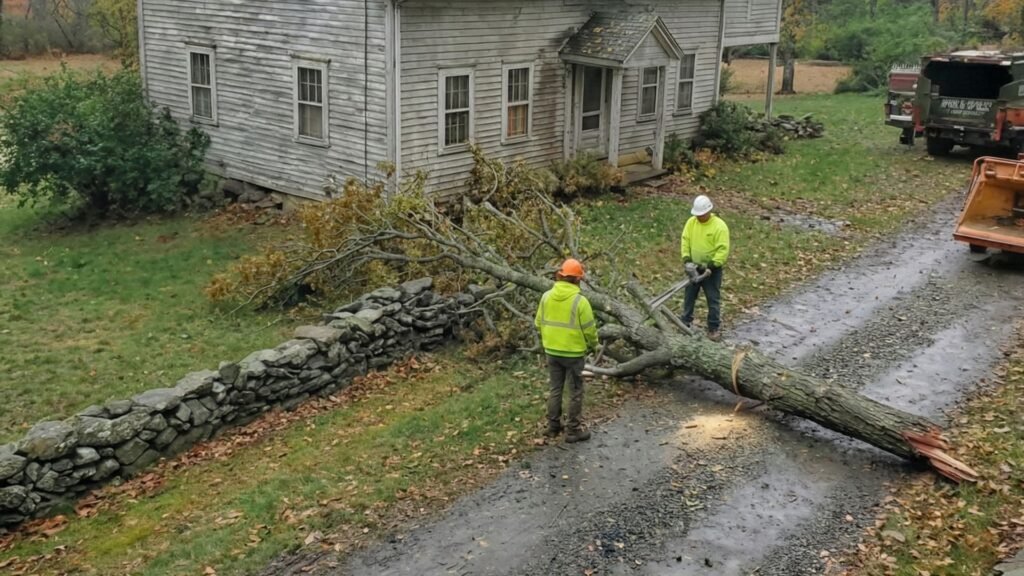 Expert tree removal crew cutting fallen tree across residential driveway