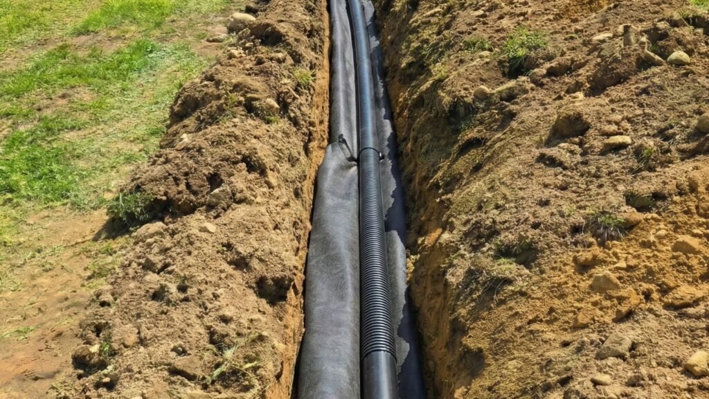 Dual drainage pipes installed in geotextile lined trench on residential property