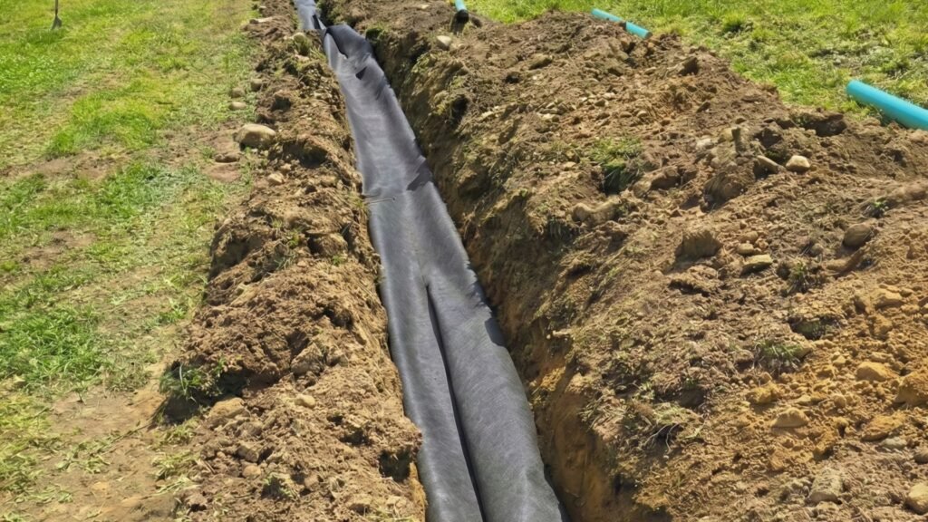 Residential drainage trench with fabric lined system prepared for pipe installation